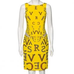 Versace Yellow Printed Silk Leather Trim Detailed Bodycon Dress S For Women