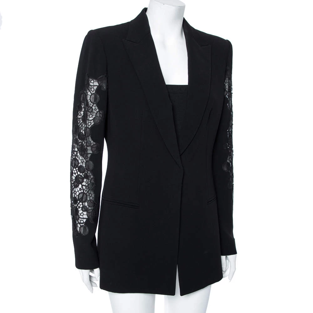 Versace Black Crepe & Lace Inset Detailed Single Breasted Blazer M For Women - Image 2