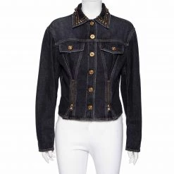 Versace Charcoal Grey Denim Rockstud Detail Button Front Jacket M For Women
