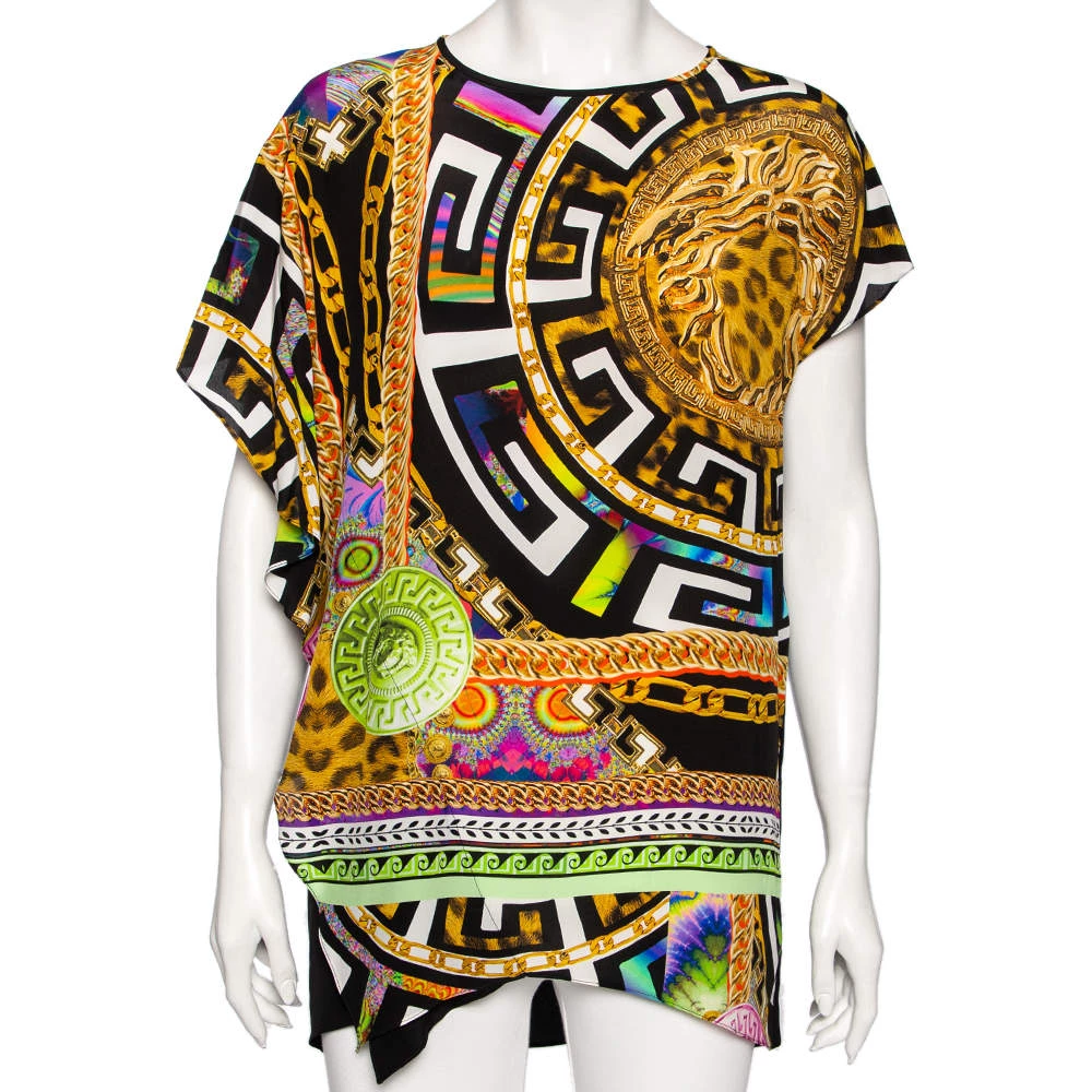 Versace Multicolored Medusa & Cheetah Printed Silk Blouse M For Women