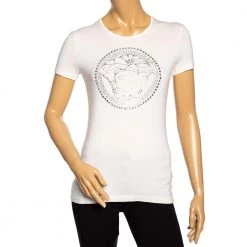 Versace Off-White Stretch Knit Medusa Embellished T-Shirt S For Women