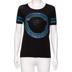Versace Black Stretch Knit Medusa Embellished T-Shirt S For Women