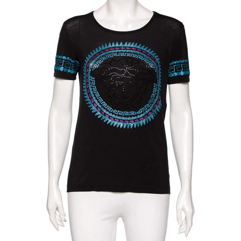 Versace Black Stretch Knit Medusa Embellished T-Shirt S For Women