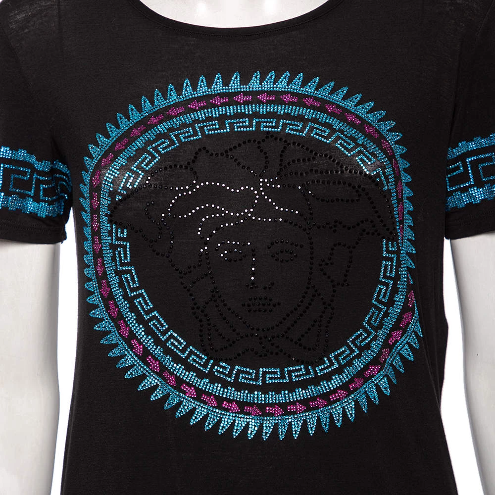 Versace Black Stretch Knit Medusa Embellished T-Shirt S For Women - Image 4