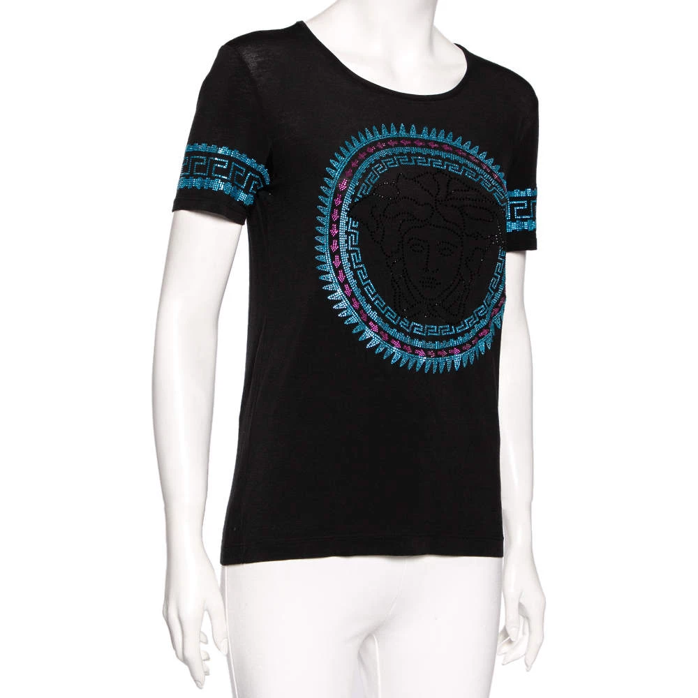 Versace Black Stretch Knit Medusa Embellished T-Shirt S For Women - Image 2