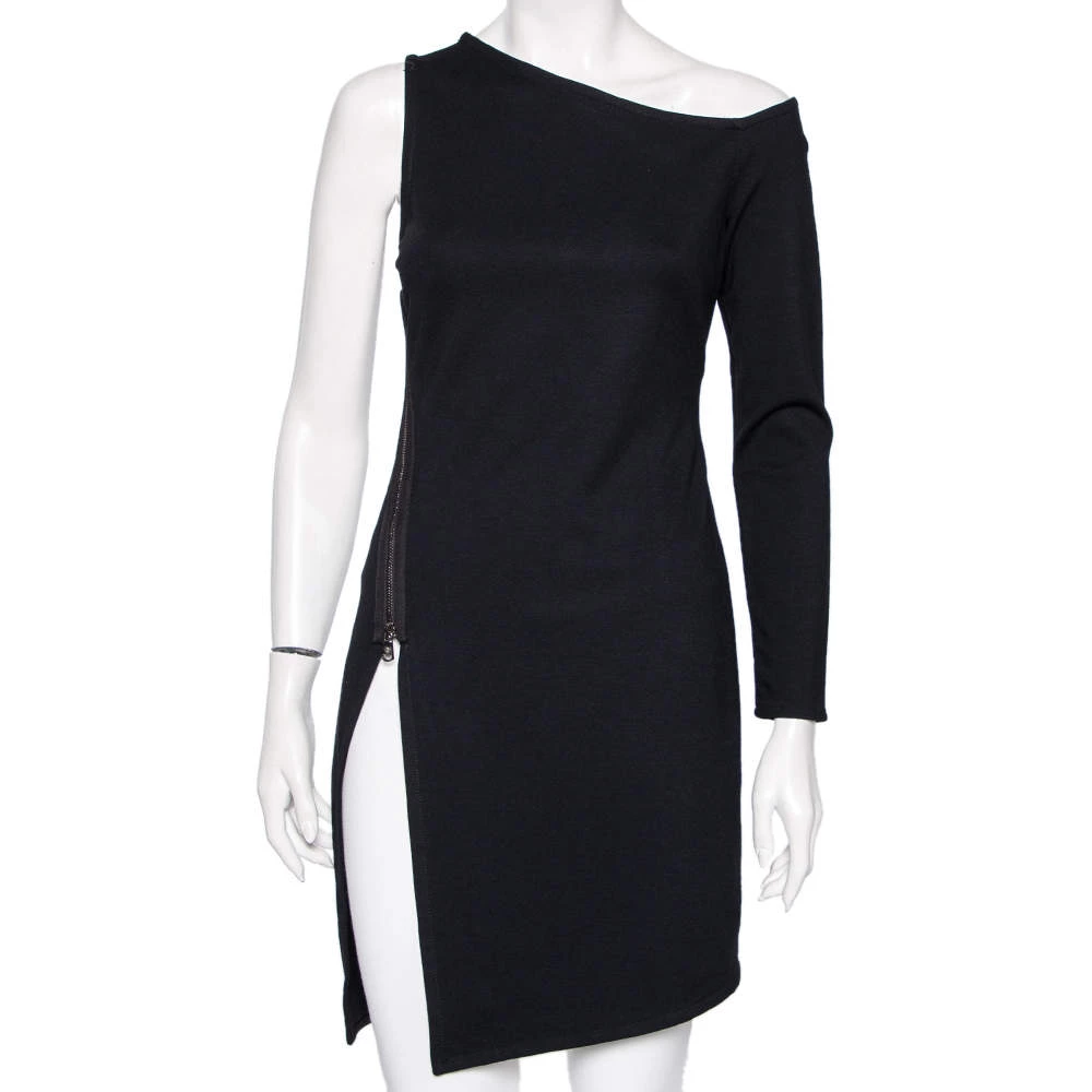 Versace Black Stretch Knit Slit Detail Asymmetric One-Sleeve Dress M For Women