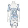 Versace Blue Baroque Printed Crepe Sheath Dress M For Women
