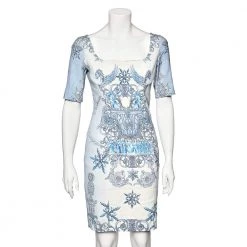 Versace Blue Baroque Printed Crepe Sheath Dress M For Women