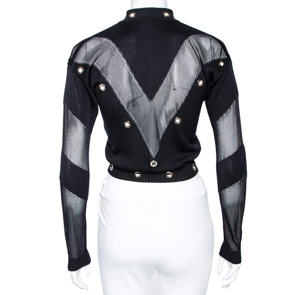 Versace Black & Gold Eyelet Detail Knit Zip Front Jacket S For Women - Image 3