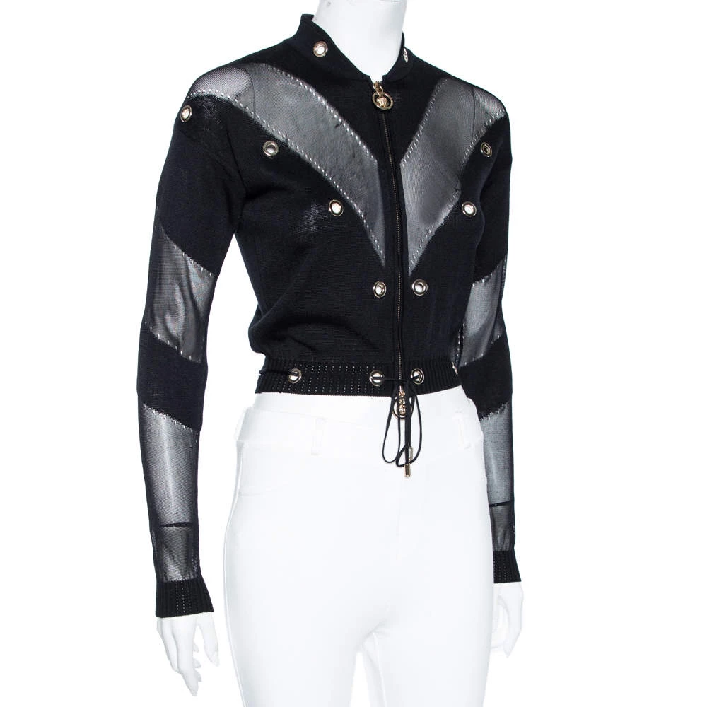 Versace Black & Gold Eyelet Detail Knit Zip Front Jacket S For Women - Image 2
