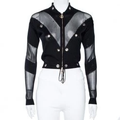 Versace Black & Gold Eyelet Detail Knit Zip Front Jacket S For Women