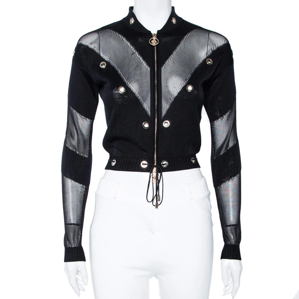 Versace Black & Gold Eyelet Detail Knit Zip Front Jacket S For Women