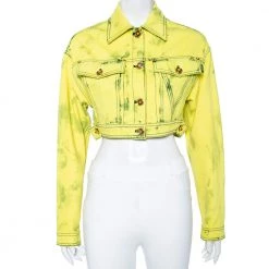 Versace Neon Yellow Denim Cropped Boxy Jacket S For Women