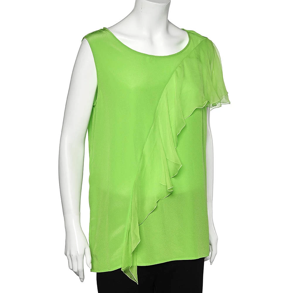 Versace Neon Green Silk Ruffled Sleeveless Top L For Women - Image 2