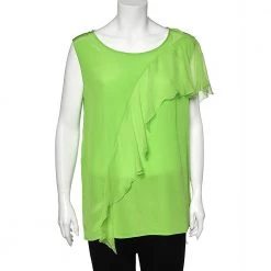Versace Neon Green Silk Ruffled Sleeveless Top L For Women