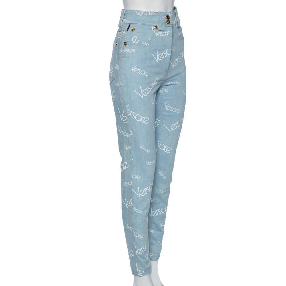 Versace Blue Logo Printed Denim Jeans S For Women - Image 2