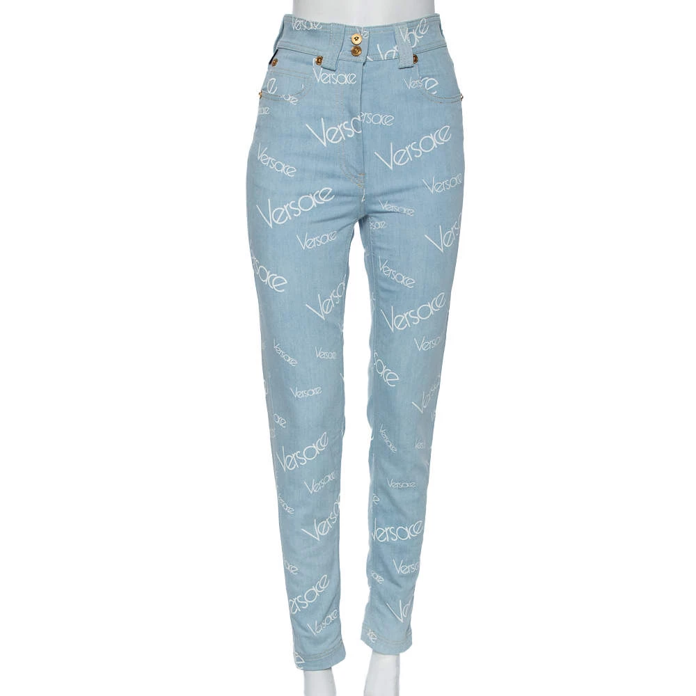 Versace Blue Logo Printed Denim Jeans S For Women