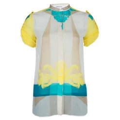 Versace Multicolor Print Sleeve Tab Detail Silk Blouse S For Women