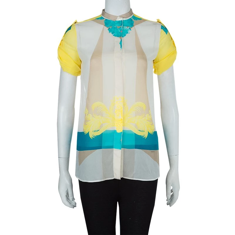 Versace Multicolor Print Sleeve Tab Detail Silk Blouse S For Women - Image 2