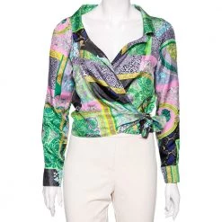 Versace Multicolored Baroque Patchwork Print Silk Cropped Top S For Women