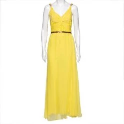 Versace Yellow Silk & Laser Cut Bodice Detailed Belted Dress M For Women