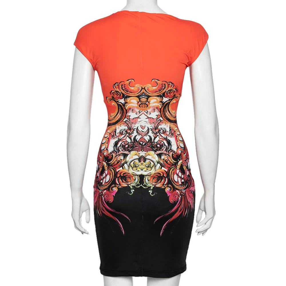 Versace Orange & Black Printed Jersey Sleeveless Short Dress S For Women - Image 3