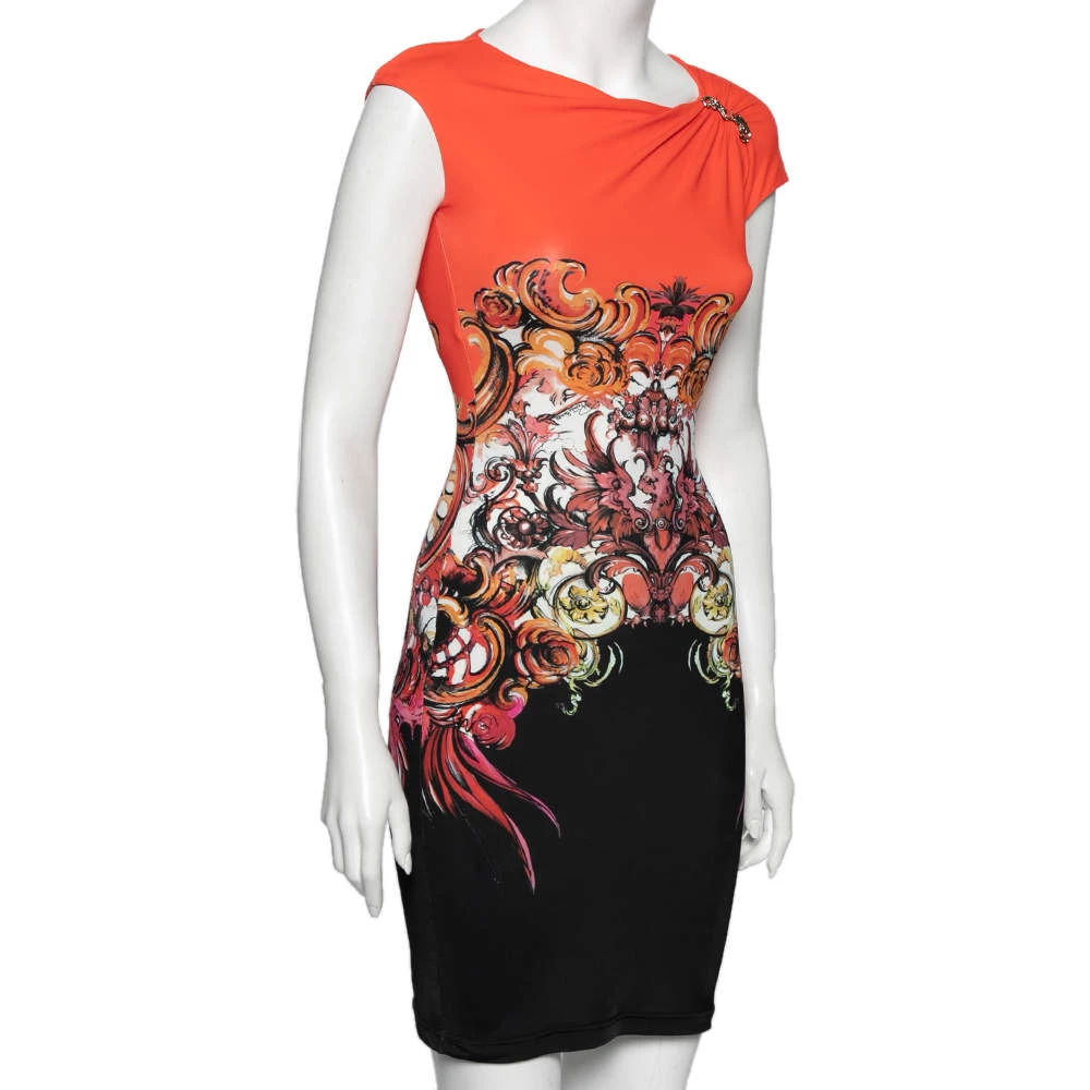 Versace Orange & Black Printed Jersey Sleeveless Short Dress S For Women - Image 2