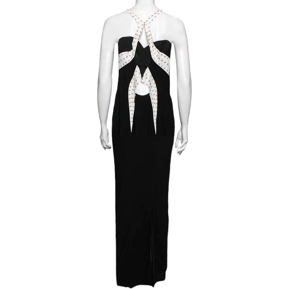 Versace Black Crepe Contrast Paneled Eyelet Studded Maxi Dress S For Women - Image 3