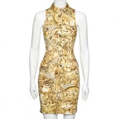Versace Yellow Printed Cotton Button Front Sleeveless Dress S For Women