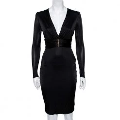 Versace Black Jersey Deep V-Neck Belted Dress S For Women
