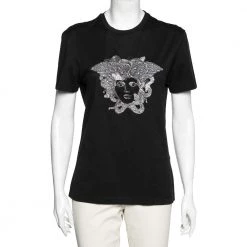 Versace Black Medusa Head Embroidered Cotton T-Shirt S For Women