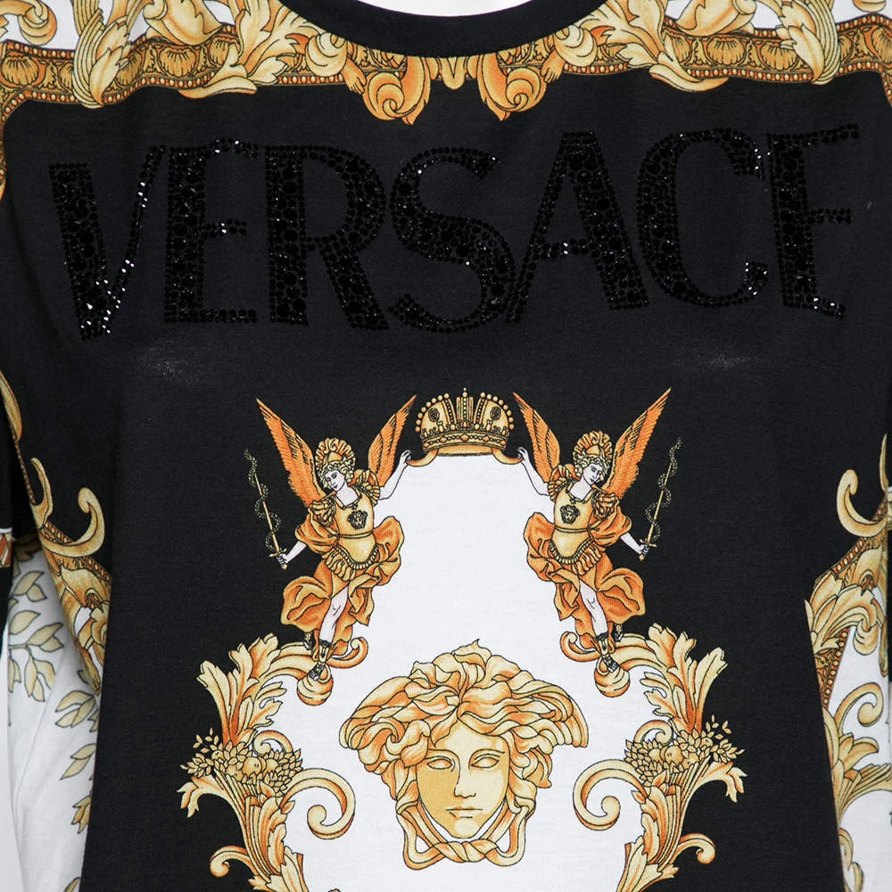 Versace Black & Gold Crystal Logo Medusa Renaissance Printed Cotton Top L For Women - Image 4