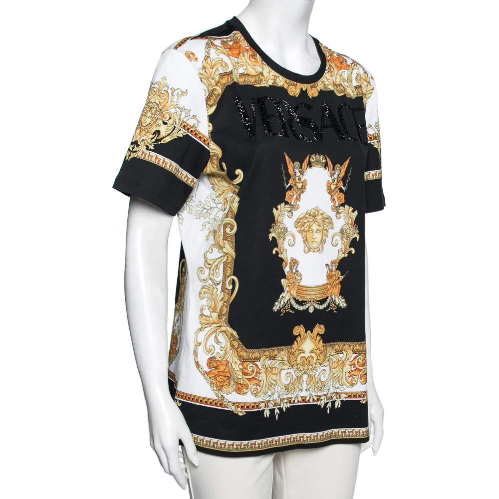Versace Black & Gold Crystal Logo Medusa Renaissance Printed Cotton Top L For Women - Image 2