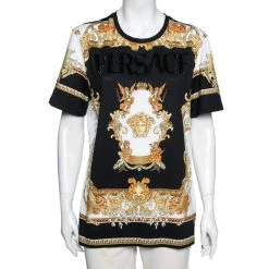 Versace Black & Gold Crystal Logo Medusa Renaissance Printed Cotton Top L For Women