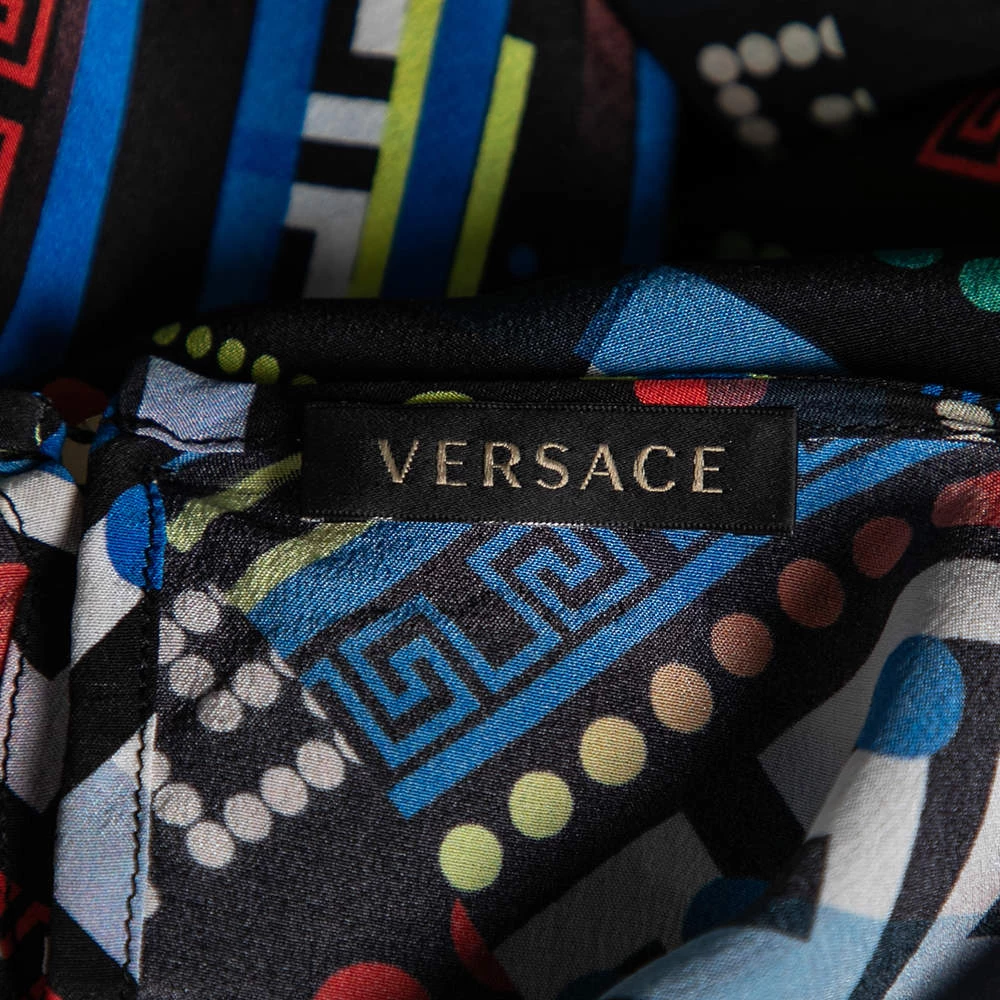 Versace Multicolor La Greca Printed Silk Crew Neck Short Sleeve Blouse M For Women - Image 5
