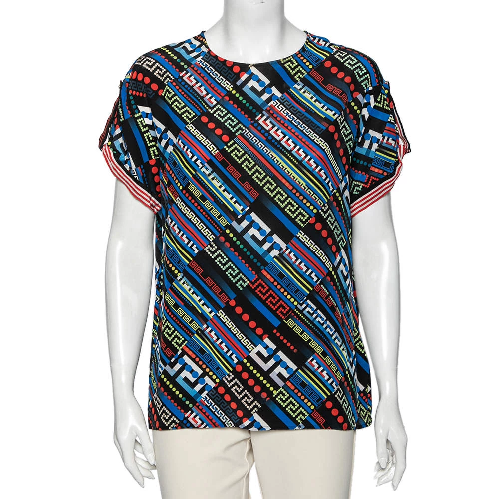 Versace Multicolor La Greca Printed Silk Crew Neck Short Sleeve Blouse M For Women