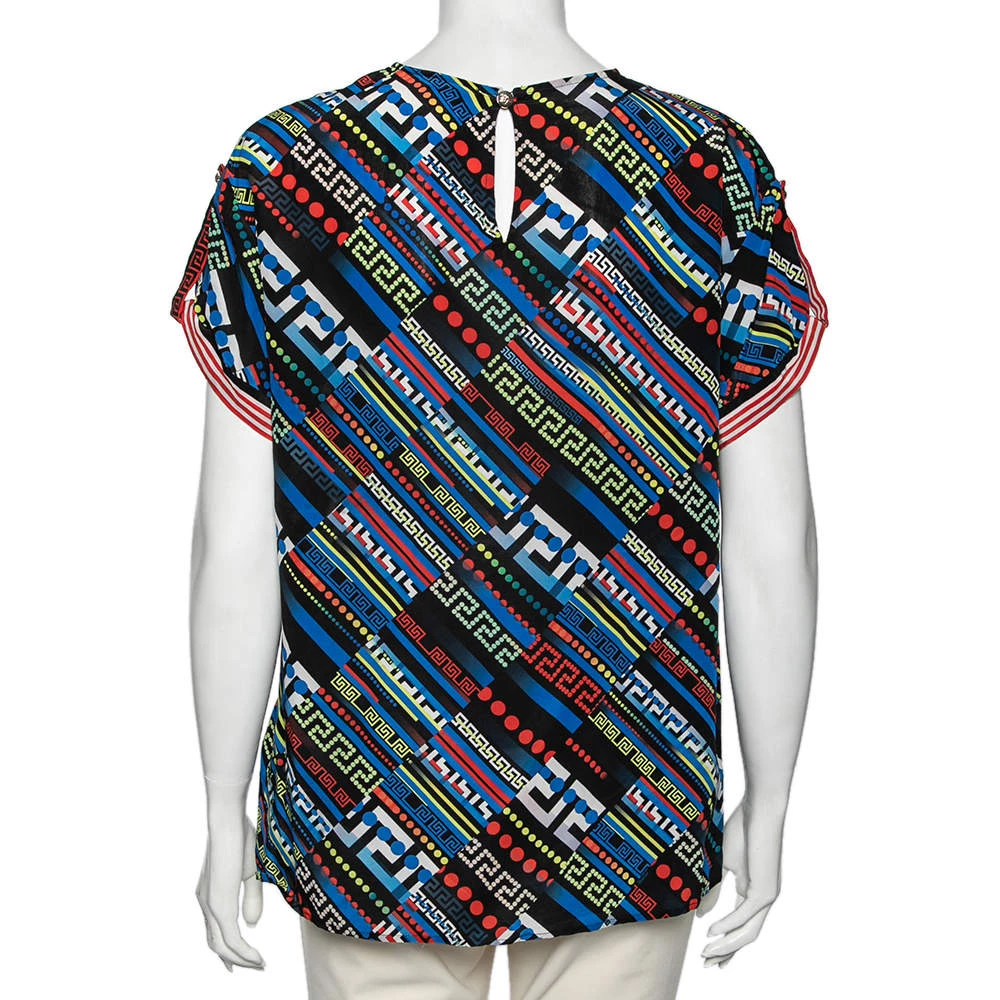 Versace Multicolor La Greca Printed Silk Crew Neck Short Sleeve Blouse M For Women - Image 3