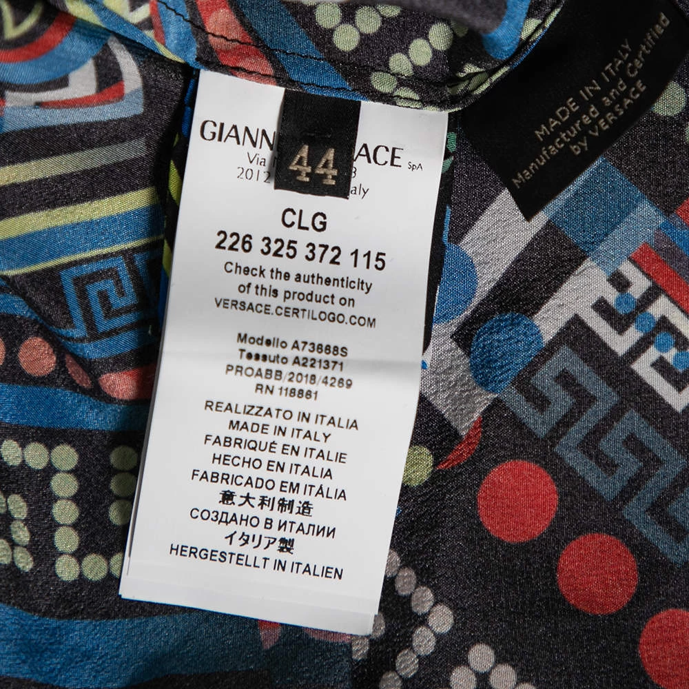 Versace Multicolor La Greca Printed Silk Crew Neck Short Sleeve Blouse M For Women - Image 6