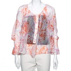 Versace Orange Rose Printed Silk Button Front Long Sleeve Blouse S For Women