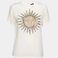 Versace Cream Silk Logo Embroidered And Embellished Blouse S For Women