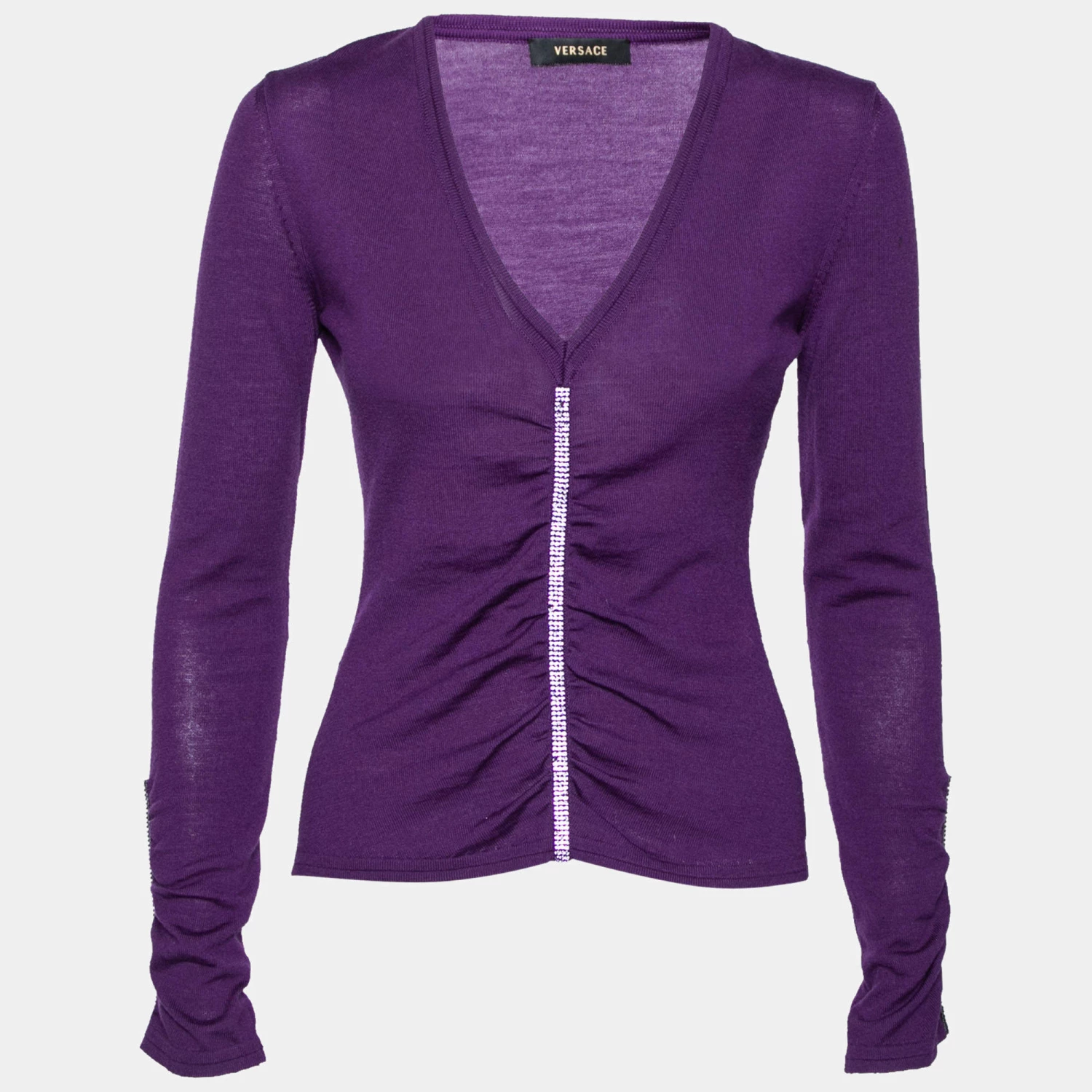 Versace Purple Knit Ruched Crystal Embellished Sweater M For Women