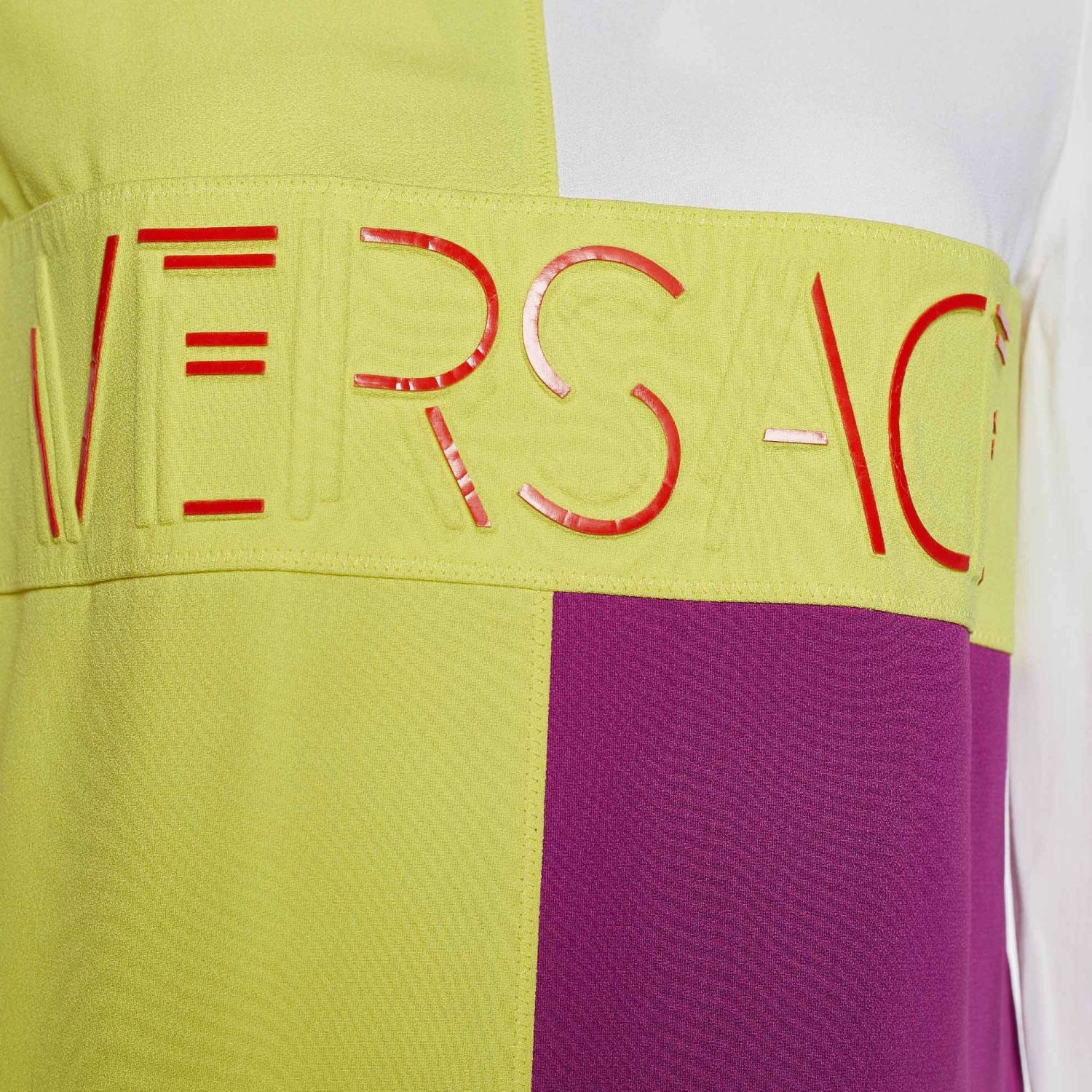 Versace Colorblock Crepe Logo Embossed Long Sleeve Blouse S For Women - Image 3