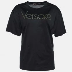 Versace Tribute Black Jersey Metallic Logo Print T-Shirt M For Women