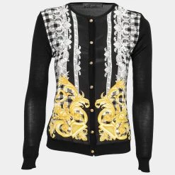 Versace Black Baroque Print Silk & Wool Button Front Cardigan S For Women