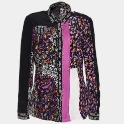 Versace Black & Pink Silk Floral Print Patched Blouse M For Women