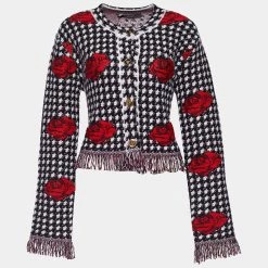 Versace Monochrome Rose Jacquard Wool Fringed Jacket M For Women