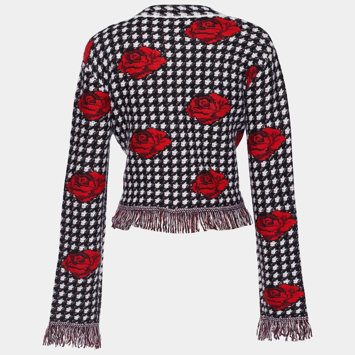 Versace Monochrome Rose Jacquard Wool Fringed Jacket M For Women - Image 2