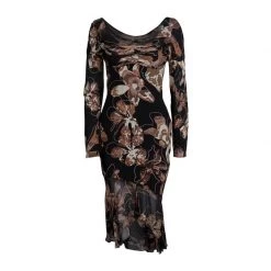 Versace Black Floral Printed Silk Ruffle Bottom Midi Dress S For Women