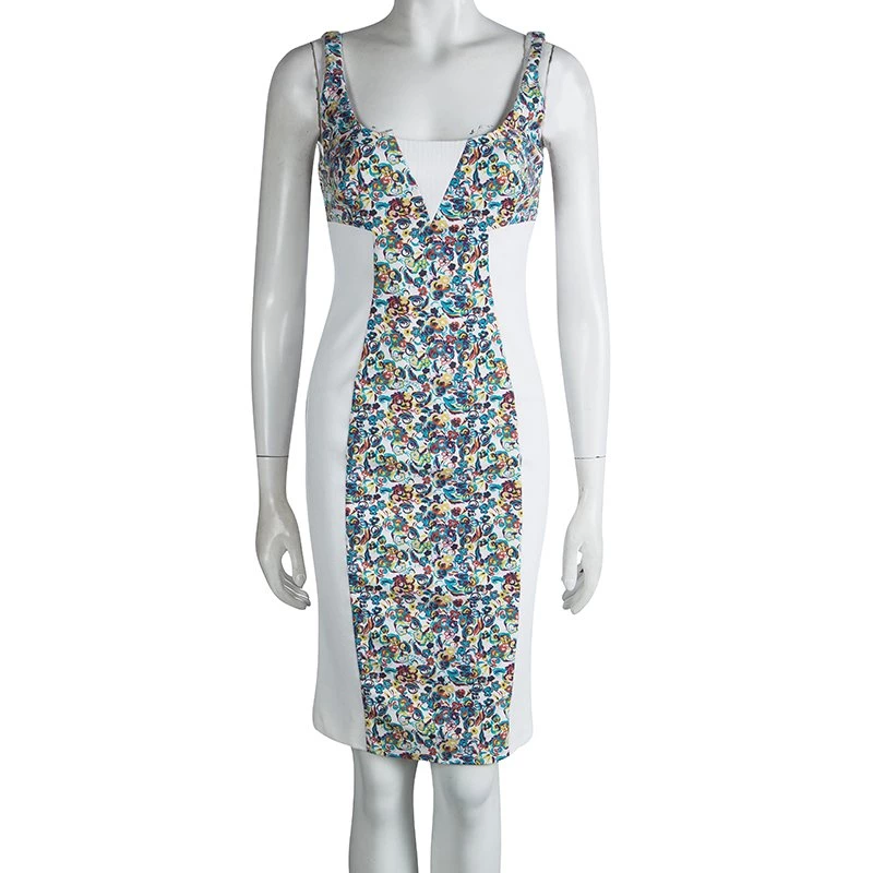 Versace White Floral Print Contrast Panel Detail Sleeveless Dress S For Women - Image 2