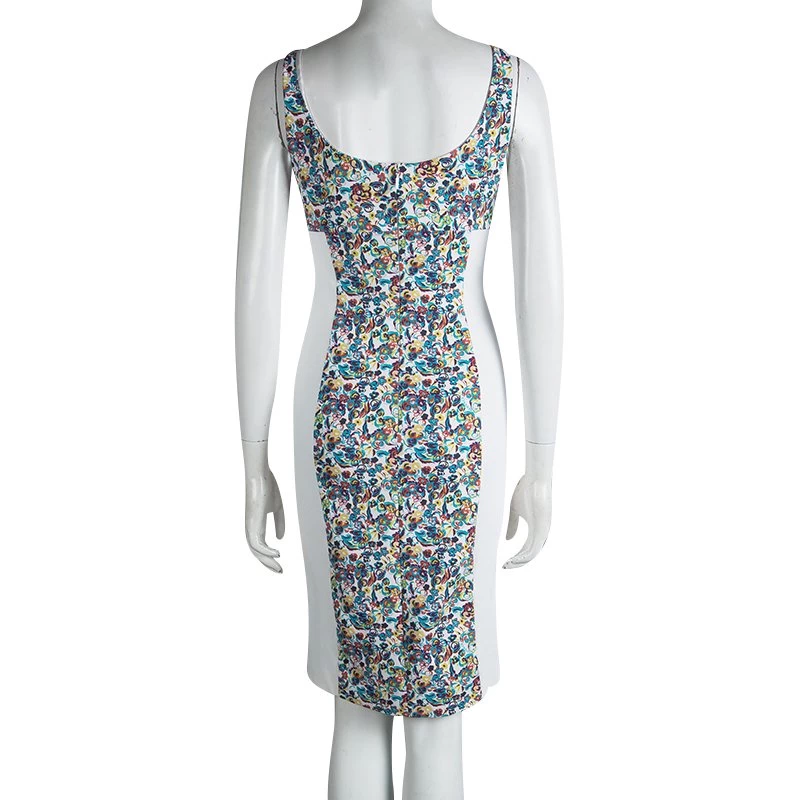 Versace White Floral Print Contrast Panel Detail Sleeveless Dress S For Women - Image 3